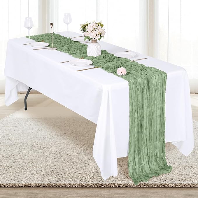 12 Pack Sage Green Cheesecloth Table Runner 17x108 Inch Semi Sheer Boho Gauze Cheese Cloth Fabric Table Runners, for Wedding Party Baby Shower Birthday Home Decor Garden Farmhouse