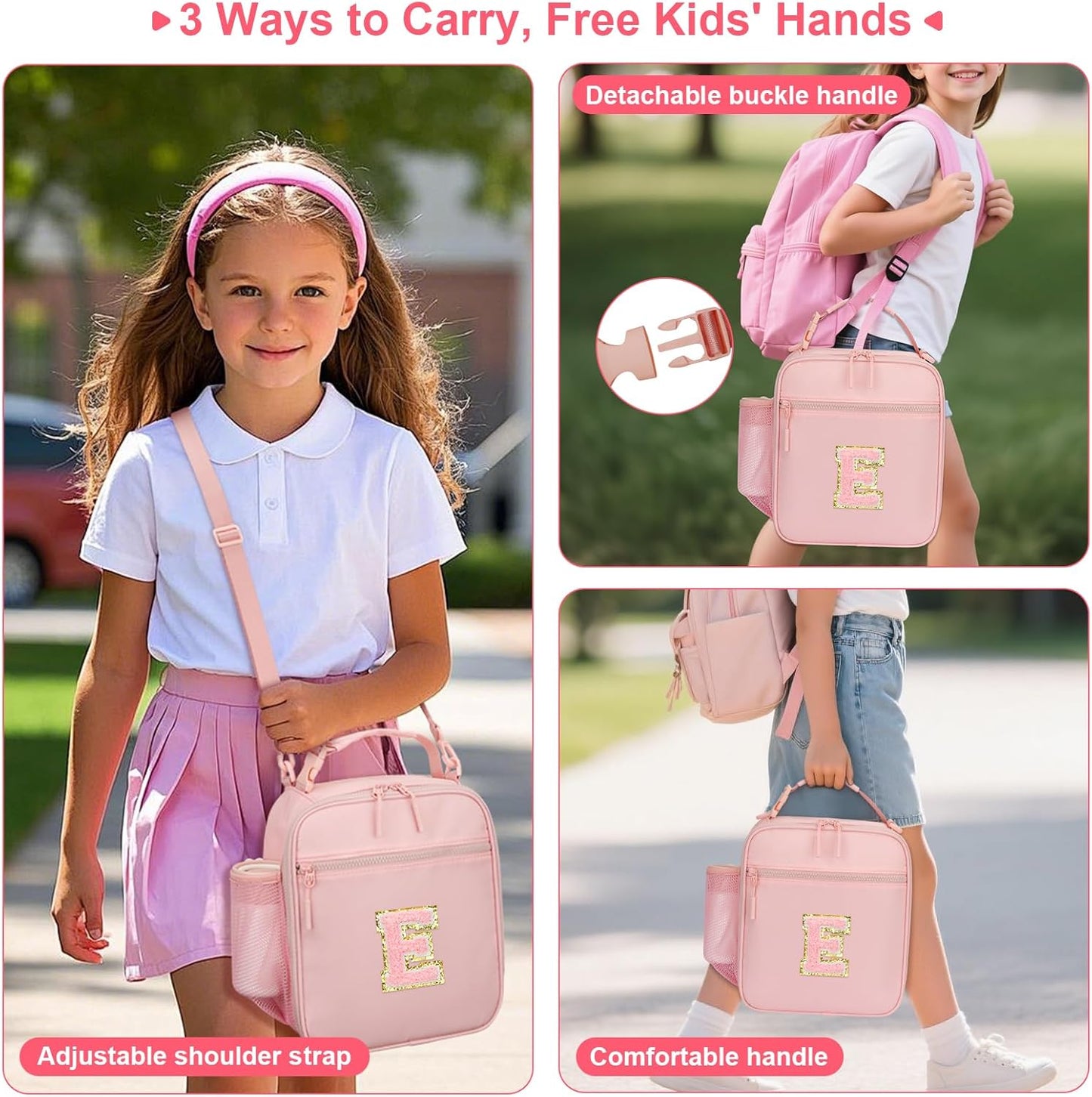 Initial Insulated Lunch Bag for Girls Kids, Back to School Gift, Reusable Leak-proof Lunch Box with Adjustable Strap for School Daycare Travel Picnic (Pink,E)