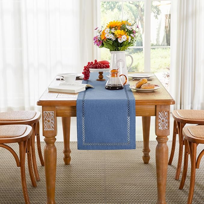 Burlap Style Farmhouse Table Runner, 13 x 90 Inch Blue, Rustic Geometric Hollow Table Runners 90 Inches Long for Dresser Table Everyday Use, 13x90 Inches, Blue
