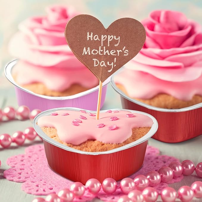 Honeydak Heart Shaped Mini Cake Pan Valentine's Day Aluminum Foil Small Cake Cup with Lids 100 Ml/ 3.4 Ounces Disposable Desserts Baking Tins for Mother's Day Wedding Parties, 3 Colors(100 Sets)