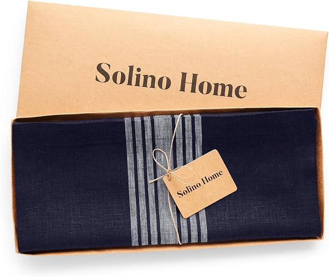 Solino Home Linen Table Runner 120 Inches Long - 100% Pure Linen Farmhouse White and Navy Table Runner 14 x 120 Inch Ideal for Dining, Christmas, New Year, Holiday