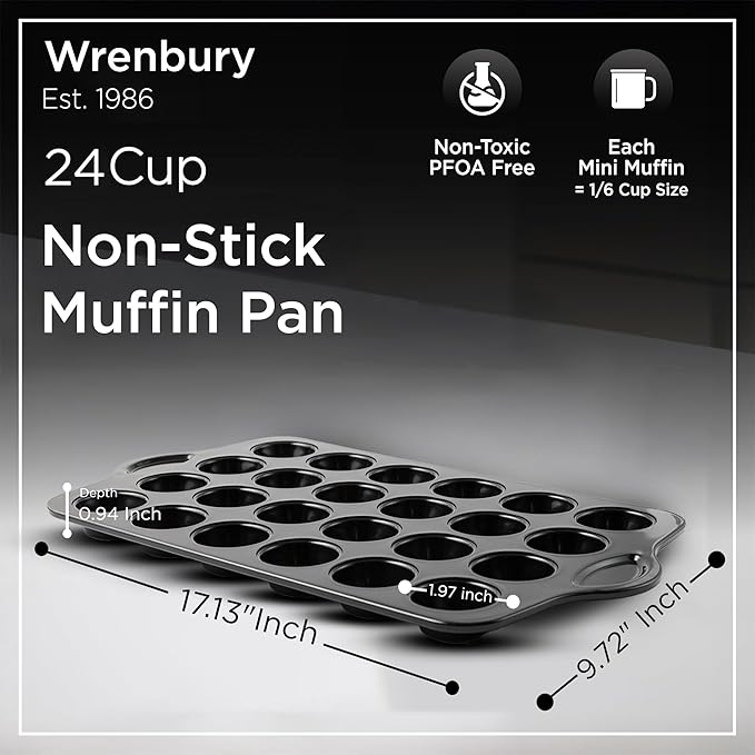 Wrenbury Mini Muffin Pan Non Toxic - Non Stick 24 Cup Small Cupcake Tray for Baking Joyful Bites - Dishwasher Friendly - Health Conscious Baking - 1.8" Cup
