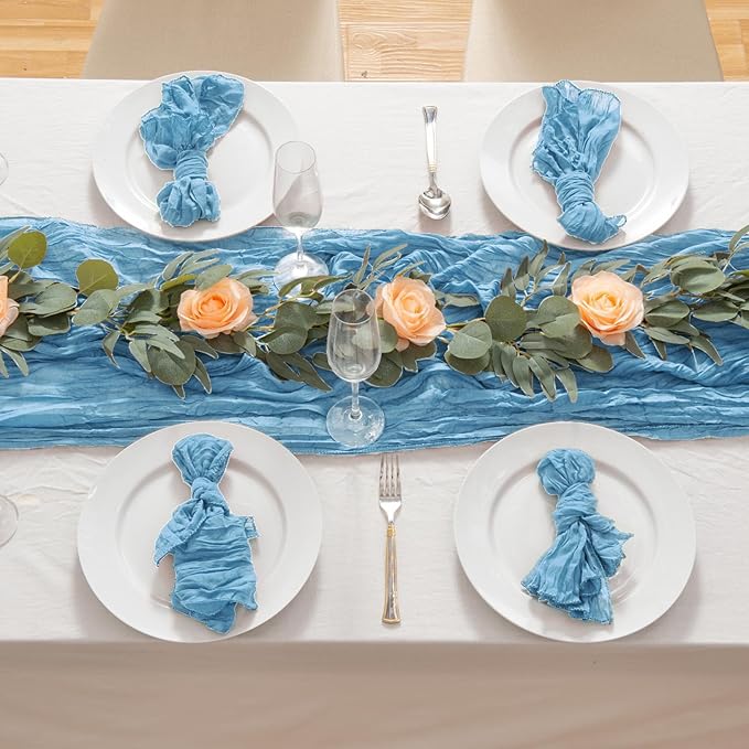 12 Pack Light Blue 10 Ft Cheesecloth Table Runner 21x120 Inch Boho Wrinkled Sheer Romantic Gauze Decor for Wedding, Bridal Shower, Birthday Party