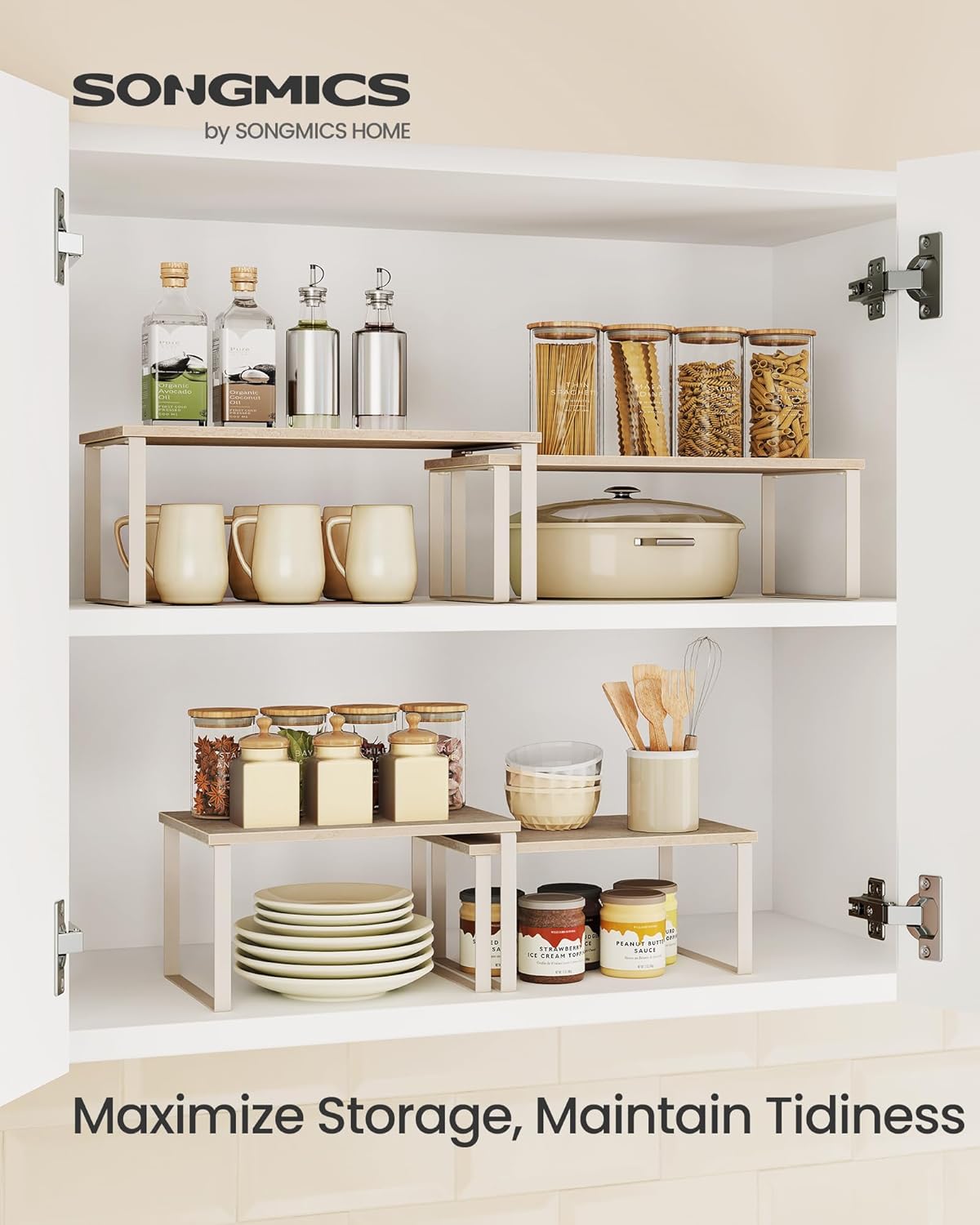 SONGMICS Cabinet Organizer Shelf, Set of 2 Kitchen Counter Shelves, Kitchen Storage, Spice Rack, Stackable, Expandable, Metal and Engineered Wood, Travertine Beige and Cream White UKCS020L01