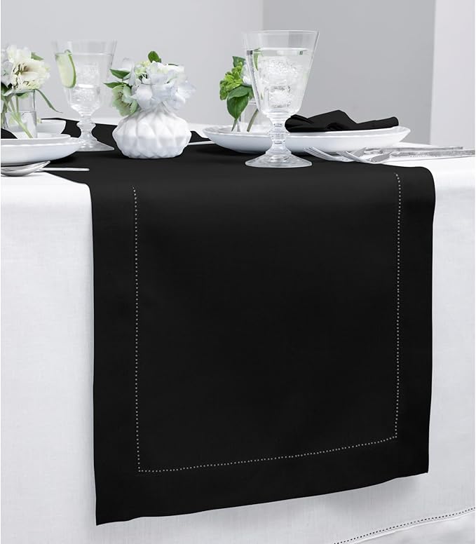 Solino Home Linen Black Table Runner 108 Inches Long - 100% Pure Linen 14 x 108 Inch Table Runner for Winter, Christmas, Holiday, New Year - Classic Hemstitch
