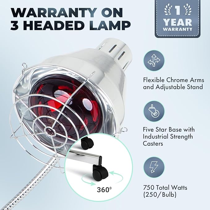 Pibbs TL931 Infrared Hair Color Processing Lamp - 3 Head Adjustable Infrared Dryer with Flexible Chrome Arms, 750W Heat Output, Deluxe Height-Adjustable Base & 5 Rolling Casters, Model TL931