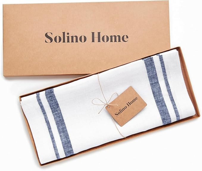 Solino Home Linen Table Runner 156 Inches Long - 100% Pure Linen Navy and White French Stripe Table Runner 14 x 156 Inch for Dining
