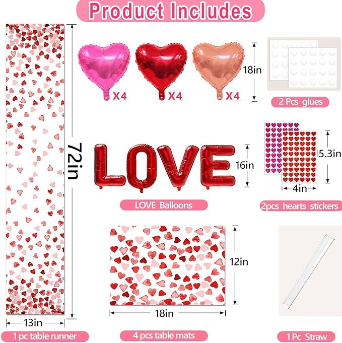 Pink Red Love Valentine's Day Table Runner 13"x72" & 4 Pcs 12"x18" Placemats Sets with 12 Heart Balloons, Love Letter Balloons, Stickers & Blowing Straw for Home Party Decor
