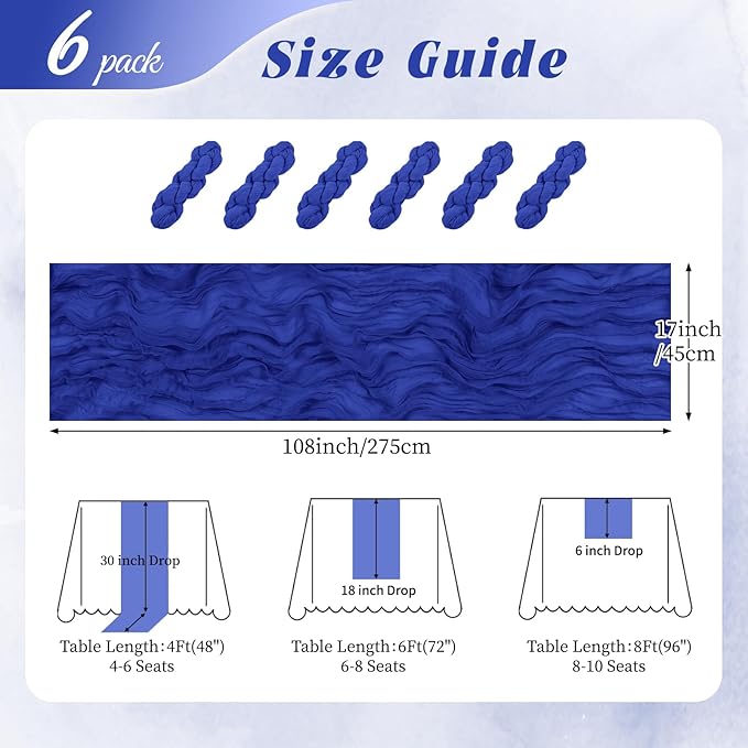 6 Pack Royal Blue Cheesecloth Table Runner 17x108 Inch Semi Sheer Boho Gauze Cheese Cloth Fabric Table Runners, for Wedding Party Baby Shower Birthday Home Decor Garden Farmhouse