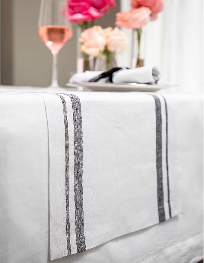 Solino Home Linen Table Runner 60 Inches - 100% Pure Linen Black and White French Stripe Table Runner 14 x 60 Inch Ideal for Dresser and Coffee Tables - Holiday