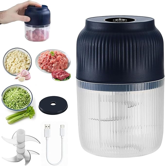 Electric Garlic Chopper, Mini Portable Veggie Cutter, 300ml Cordless Garlic Grinder Onion Masher, Portable Vegetable Cutter for Garlic, Onions, Herbs, Spices & Baby Food (Blue, 6 Blade)