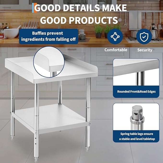 30x30x30 in Stainless Steel Equipment Grill Stand Table 400 LBS Capacity NSF Certified with Adjustable Legs, 2 in Edge Baffle, for Hotel, Home, Commercial Restaurant Kitchen