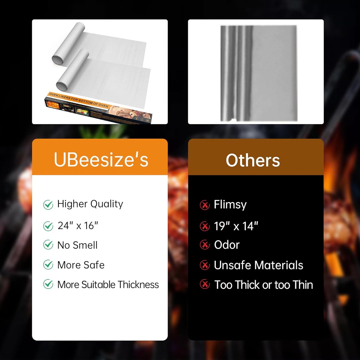 UBeesize 4 Pack Thickened Silver Oven Liners for Bottom of Oven BPA & PFOA Free, Reusable 16x24 Inch Heavy Duty Non Stick Teflon Oven Mats, Fit Electric Gas Toaster Convection Microwave Ovens Grills