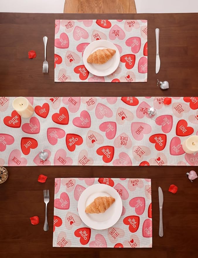 Pink Ture Love Heart Valentine's Day Table Runner 13"x72" & 4 Pcs 12"x18" Placemats Sets with 12 Heart Balloons, Love Letter Balloons, Stickers & Blowing Straw for Home Party Decor