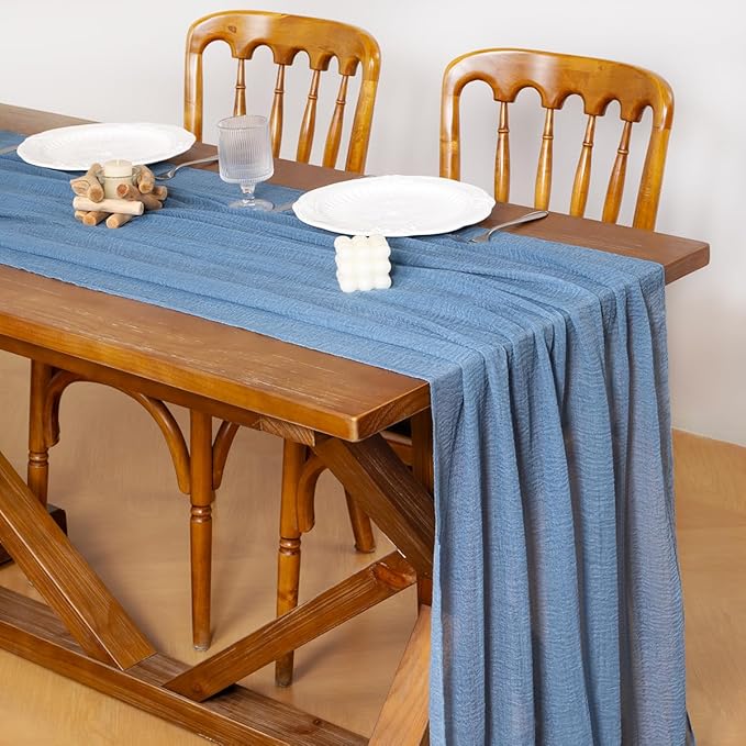 Socomi 3pcs Dusty Blue Fall Thanksgiving Gauze Cheesecloth Table Runner 120 Inch Rustic Boho Cheese Cloth Runner for Wedding Party Baby Bridal Shower Centerpiece Decoration Holiday Home Decorations
