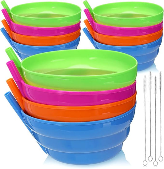 12 Pack Christmas Plastic Cereal Bowls with Straws Colored 16 oz Built-in Straw Bowl and 4 Cleaning Brushes Reusable Dishwasher for Breakfast Milk Soup Snack Salad Dessert Party Supplies
