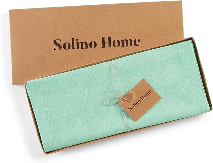 Solino Home Linen Table Runner 120 Inches Long - Athena, 100% Pure Linen Chambray Aqua Dining Table Runner 14 x 120 Inch
