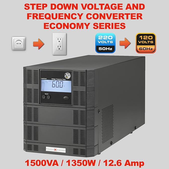 Voltage & Frequency Converter & Transformer - Step-Down 220V 50Hz to 120V 60Hz - Continuous Power, Smart Protection Features, Pure Sine Wave Output – PowerXchanger EX-12