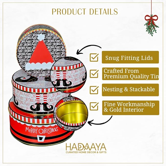 Pack of 3 Round Metal Nesting Tins – Stackable Christmas Cookie Tins with Lids for Kids' Cookies, Candy, Snacks, Crafts & Kitchen – Fun Xmas Elf Hat Design