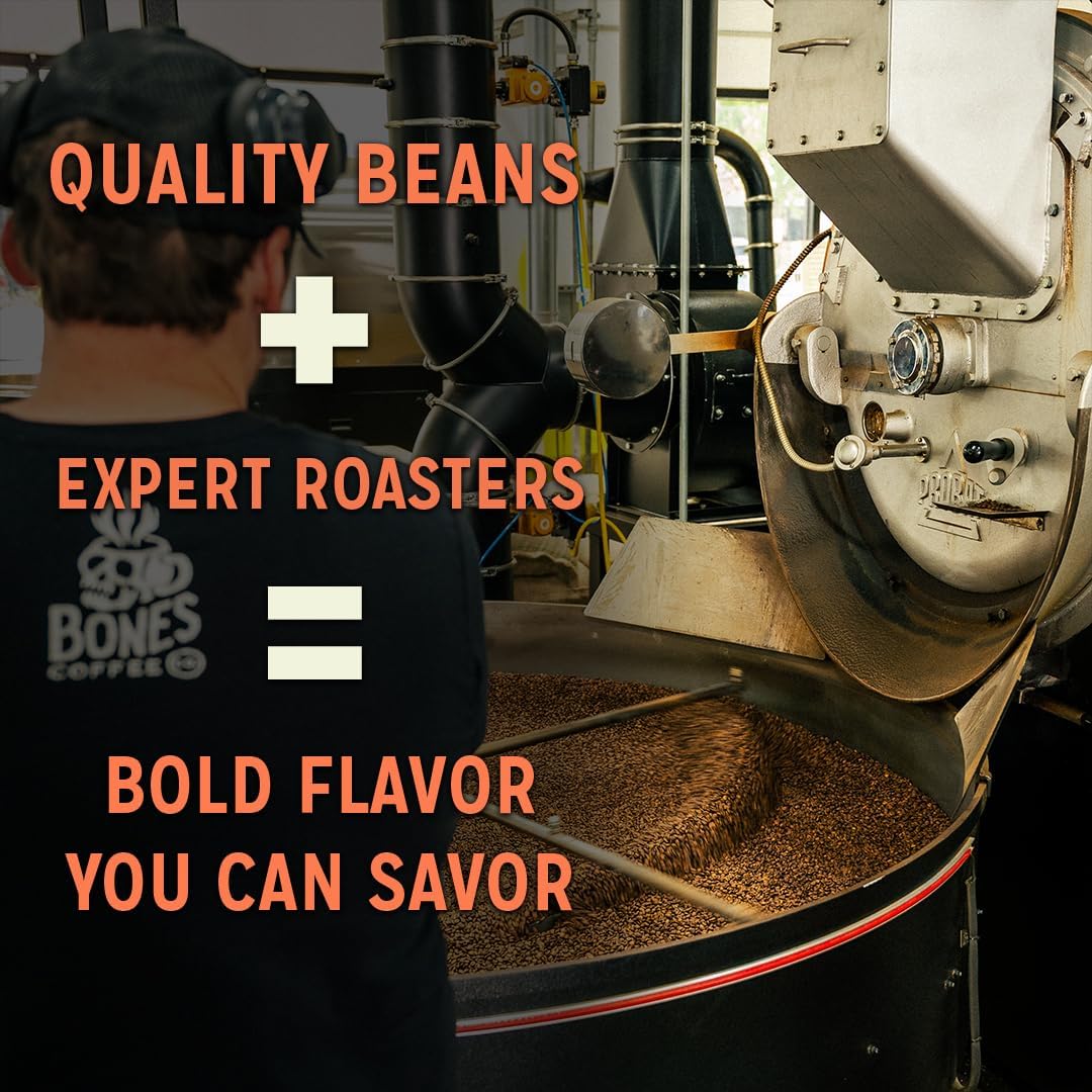 Bones Coffee Company Churro, Sweet Sugary Cinnamon Flavored Coffee, Medium Roast Low Acid Arabica Beans Compatible with Auto drip and French Press Coffee Maker, 12 Oz Ground