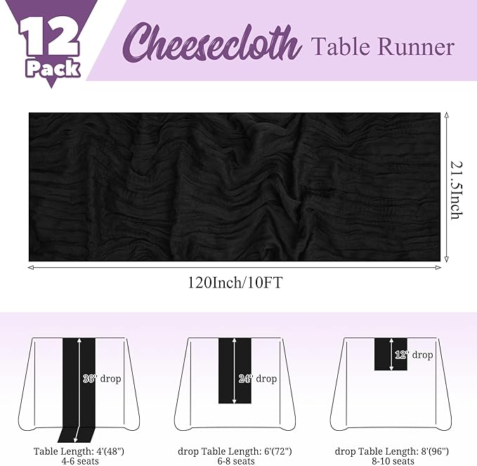 12 Pack Black Table Runner 10Ft Cheesecloth Table Runner Rustic Gauze Table Runners Romantic Long Sheer Fabric Cheese Cloth Table Runners for Wedding Party Bridal Baby Shower