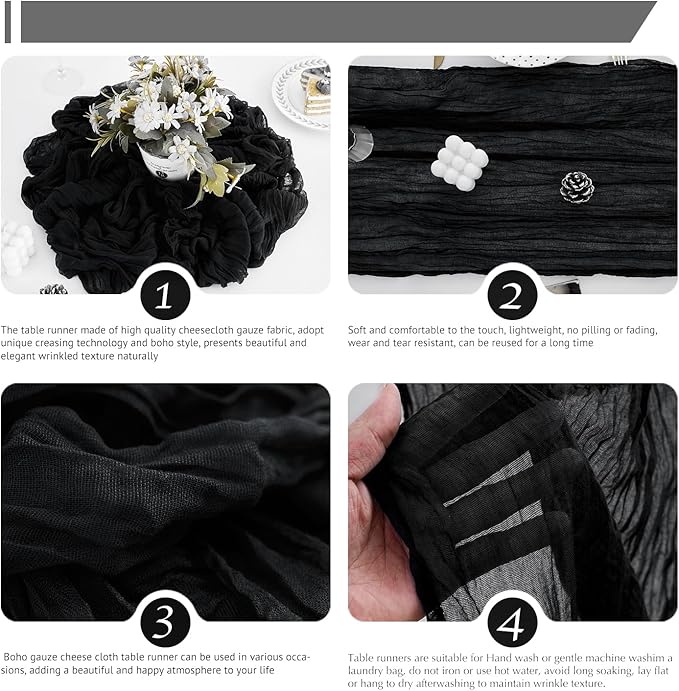 10 Pack 120 Inch Cheesecloth Black Table Runner 10FT Boho Gauze Table Runners Long Cheese Cloth Table Runner Semi Sheer Runners for Wedding Bridal Baby Shower Party
