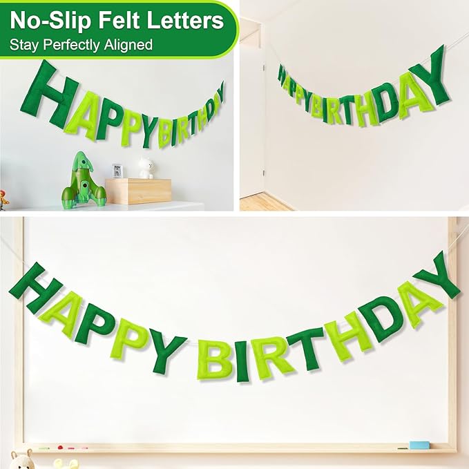 Pre-Strung Happy Birthday Banner & Felt Garland Set - Ombre Green Birthday Decorations for Women Men Boys Girls | Reusable Party Supplies for Indoor & Outdoor