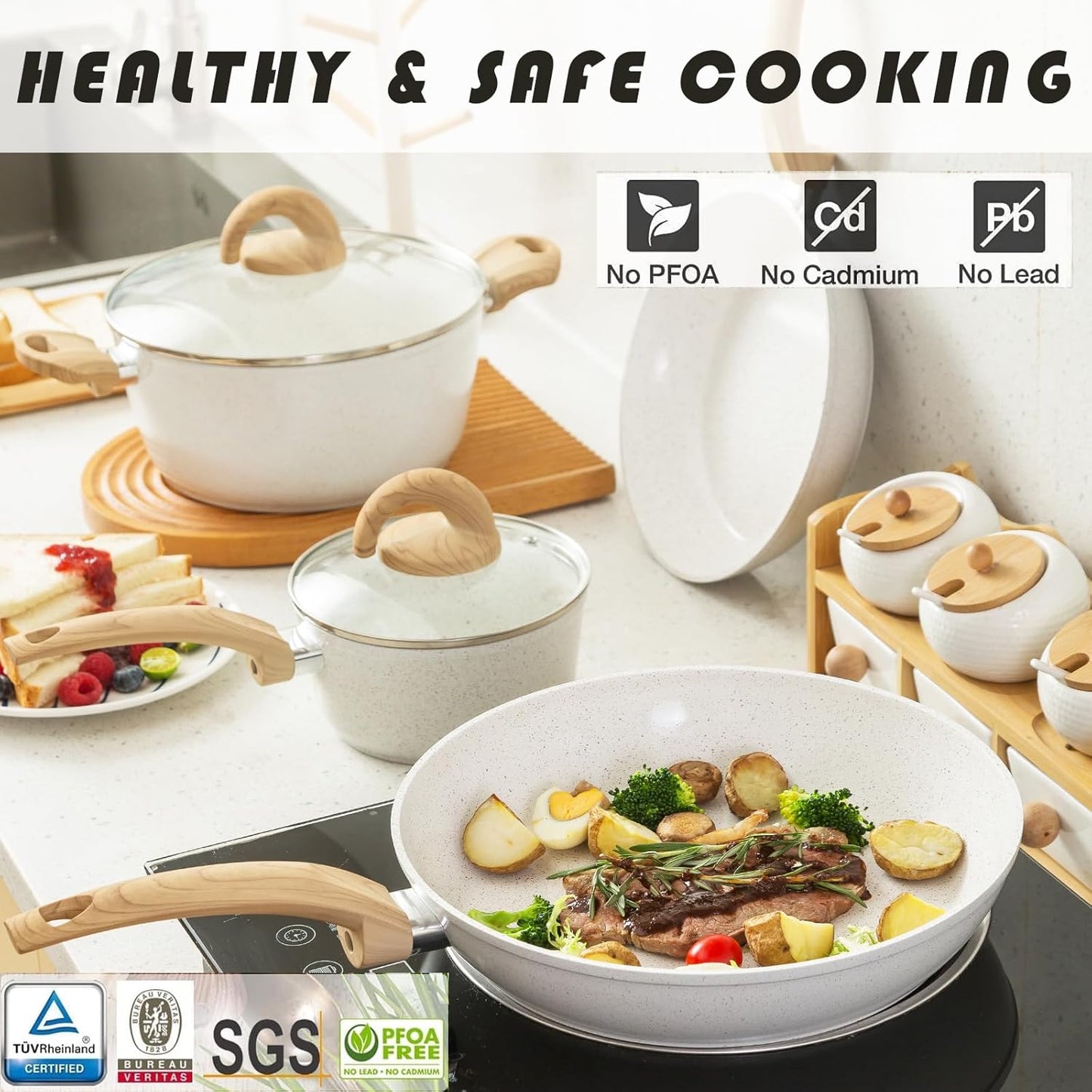 Non Stick Pots and Pans Set, Healthy Ceramic Cookware Set, 12pcs Kitchen Cooking Pots and Frying Sauce Saute Pans Set, PFAS-Free with Kitchen Utensils and Lid, Tan