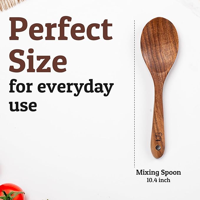 Priority Chef Wooden Spoon for Cooking – Solid Premium Non Toxic Teak Wood Spoon, Nonstick-Safe Kitchen Utensil for Stirring, Serving & Everyday Use