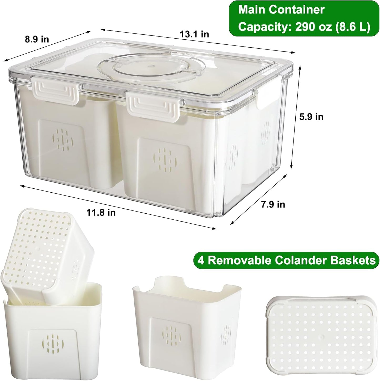 Taiuloo Airtight Fruit Storage Containers for Fridge with Lid & Handle, BPA-Free Snack Box Container with 4 Removable Colanders, Berry Vegetable Fresh Produce Saver, Clear Refrigerator Organizer Bins