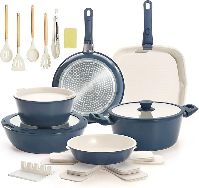 23pcs Ceramic Pots and Pans Set, Nonstick Detachable Handle Cookware, Induction Kitchen Cooking Set with Removable Handle,include Frying Pans & Saucepans Oven Safe(Blue)