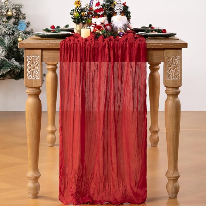 Red Cheesecloth Table Runner Christmas Table Runner Boho Gauze 120 Inches Red Cheese Cloth Table Decor for Xmas Holiday Season Parties Weddings Bridal Baby Shower Candlelight Dinner