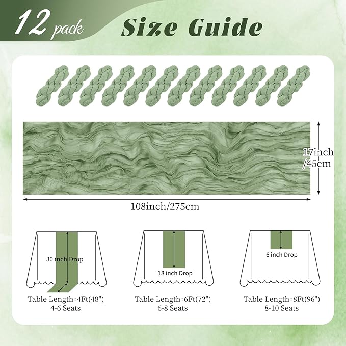 12 Pack Sage Green Cheesecloth Table Runner 17x108 Inch Semi Sheer Boho Gauze Cheese Cloth Fabric Table Runners, for Wedding Party Baby Shower Birthday Home Decor Garden Farmhouse