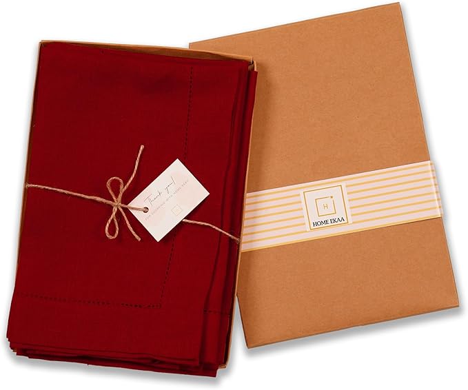 Home Ekaa 100% Pure Linen Red Napkins 20 x 20 Inch - Hemstitch Christmas Dinner Napkins Set of 4 - Cloth Fabric Napkins for Fall, Winter, Holiday, Autumn, New Year - Elara
