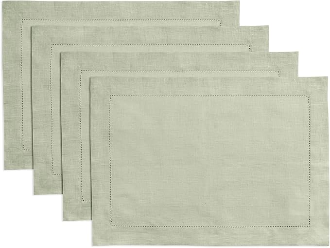 Home Ekaa 100% Pure Linen Sage Green Placemats 14 x 19 Inch - Hemstitch Placemat Set of 4 - Washable Cloth Fabric Table Mats for Christmas, Fall, Winter, Holiday, New Year - Elara