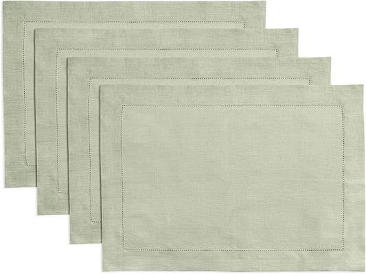 Home Ekaa 100% Pure Linen Sage Green Placemats 14 x 19 Inch - Hemstitch Placemat Set of 4 - Washable Cloth Fabric Table Mats for Christmas, Fall, Winter, Holiday, New Year - Elara