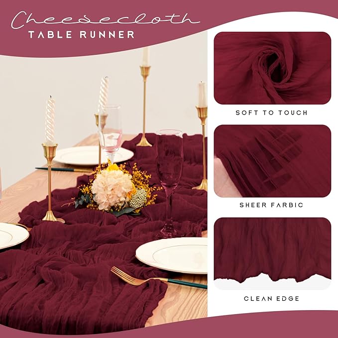 12 Pack Cheesecloth Table Runner 35 x 70 inch Long Boho Cheese Cloth Gauze Table Runners Semi Sheer Table Runner for Wedding Decor, Bridal Shower, Birthday Party (Burgundy)