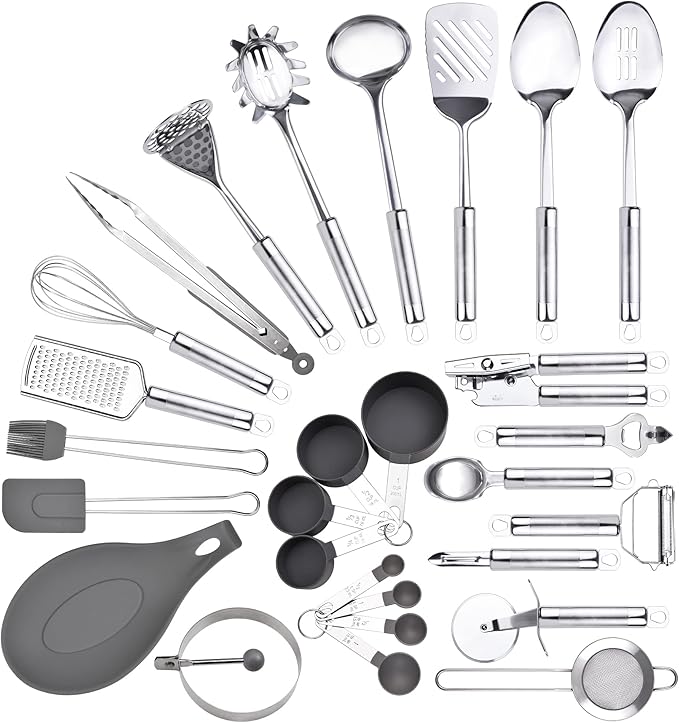 Stainless Steel Utensil Set, 28 Pcs Cooking Gadgets and Tools With Holder - Best Kitchen Tool Set Gift