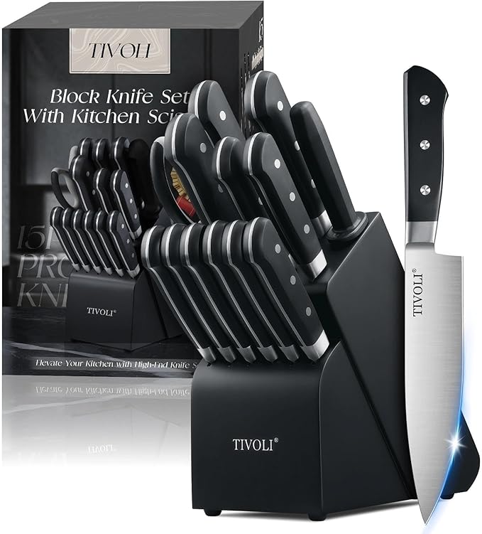TIVOLI Knife Block Set, 15 PCS Kitchen Knife Set with Block & Honing Rod & Kitchen Scissor, High Carbon Stainless Steel Cutlery Knife Set, Ergonomic Wood Handle, Gifts For Cooks, Black