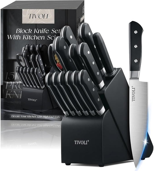 TIVOLI Knife Block Set, 15 PCS Kitchen Knife Set with Block & Honing Rod & Kitchen Scissor, High Carbon Stainless Steel Cutlery Knife Set, Ergonomic Wood Handle, Gifts For Cooks, Black