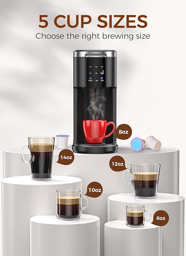 COWSAR Single Serve Coffee Maker, K Cup Coffee Brewer for Capsule and Ground Coffee, Commercial Coffee Machine with 40 Oz Water Tank, 5 Brew Sizes Up To 14 Oz, Ideal for Home/Office, Black
