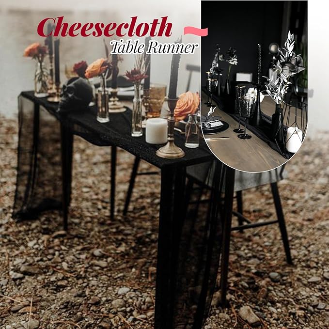 Aktor 6 Pack Black Cheesecloth Table Runner 10Ft Gauze Table Runner Boho Semi Sheer Cheese Cloth Fabric Runners for Wedding Birthday Baby Shower Party Table Decoration（Black）