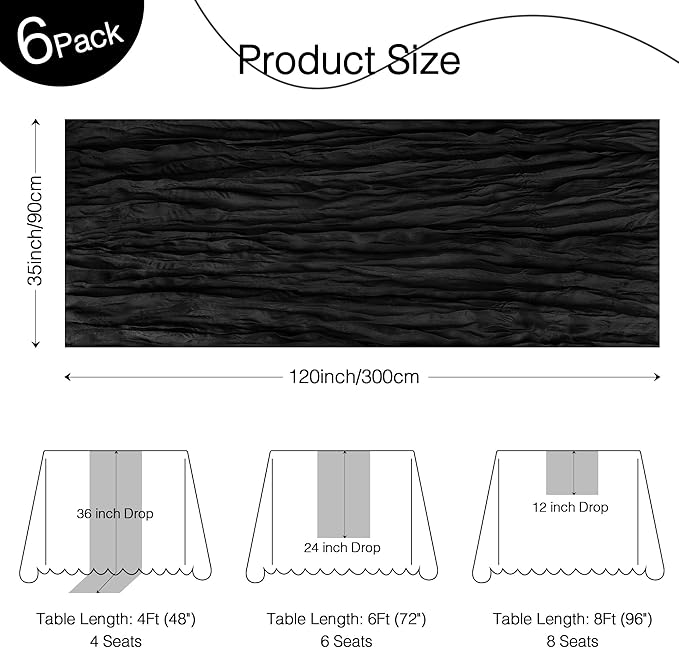 6 Pack Cheesecloth Table Runner 120 Inch Boho Rustic Gauze 10 FT Black Cheese Cloths Table Runners Decorations for Halloween Birthday Party Baby Shower Wedding Holiday Home Decor