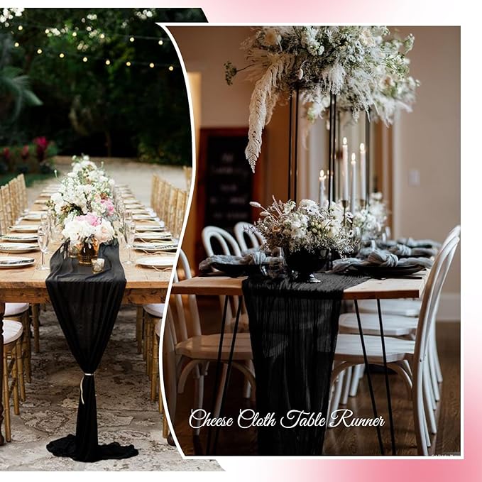 Aktor 12 Pack Black Cheesecloth Table Runner 10Ft Gauze Table Runner Boho Semi Sheer Cheese Cloth Fabric Runners for Wedding Birthday Baby Shower Party Table Decoration（Black）