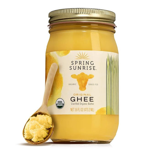 Spring Sunrise Grass Fed Organic Ghee - USDA Certified Clarified Butter - Keto & Paleo Friendly, Non-GMO, Gluten & Casein Free Cooking Oil - Sustainably Sourced - 16 oz Jar