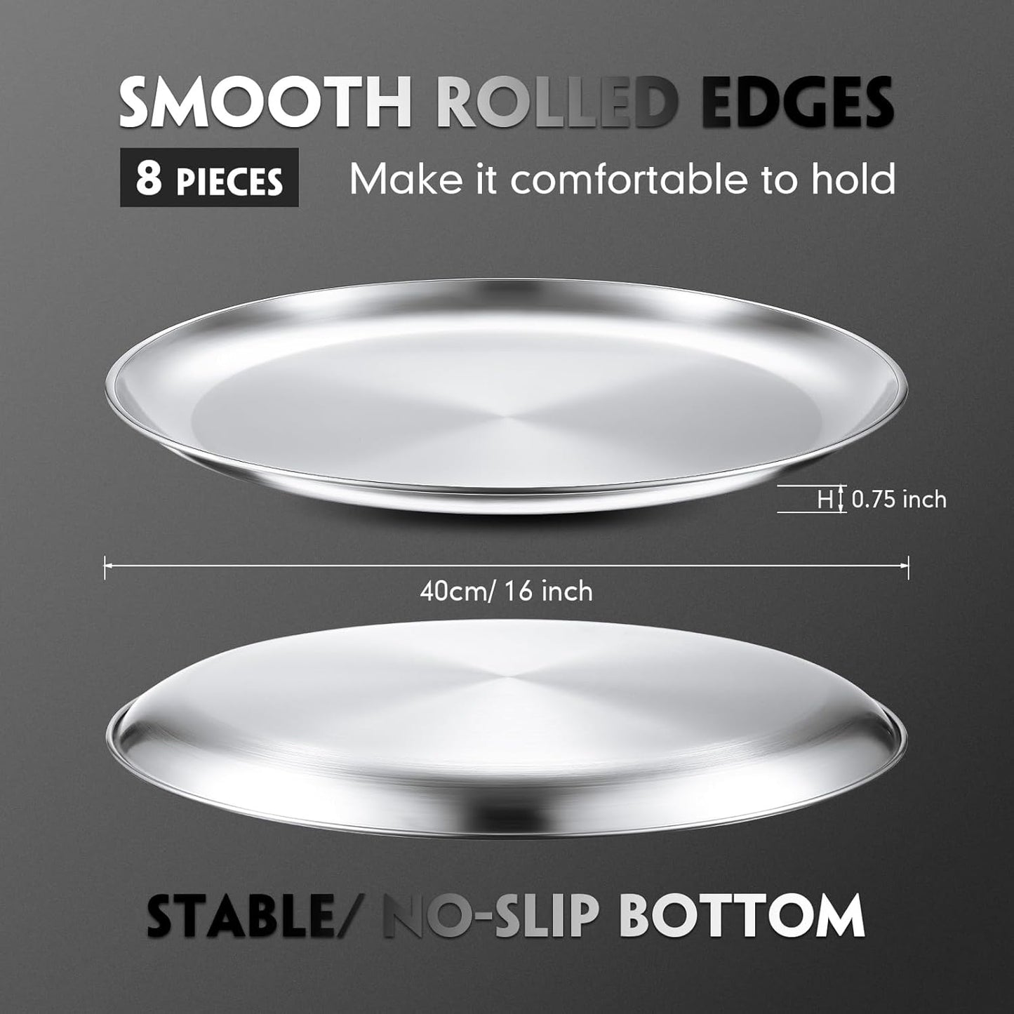 Thenshop 8 Pieces 16 Inch Pizza Pans Bulk Stainless Steel Sets Round Bakeware Pizza Trays for Oven Kitchen Baking Home Restaurant Safe Sturdy Reusable Easy Clean(Matte Silver)