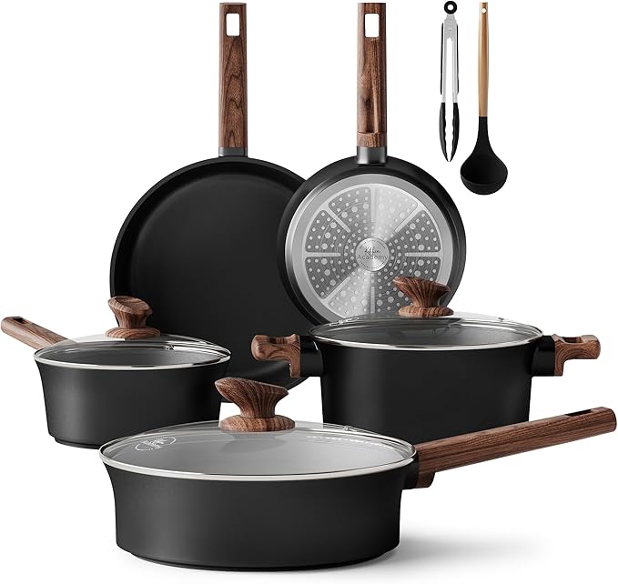 Kitchen Academy Non Toxic Pots and Pans Set Non Stick - 10 Pcs Induction Ceramic Cookware Set, Healthy Nonstick Black Cooking Pans Set, PFAS/PTFE/PFOA & PFOS Free
