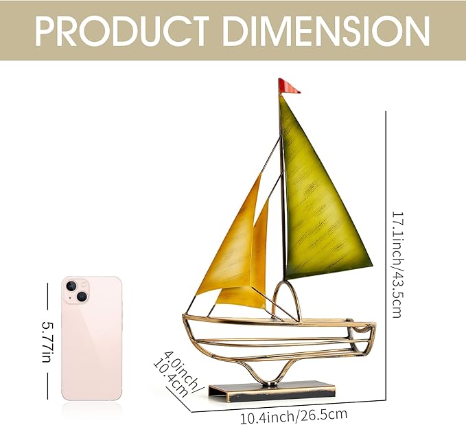 Metal Sailboat Wine Rack for Countertop – Decorative Wine Bottle Holder for Kitchen Bar Dining Table, Boat Sculpture Wine Stand Nautical Home Decor (Gold and Green)