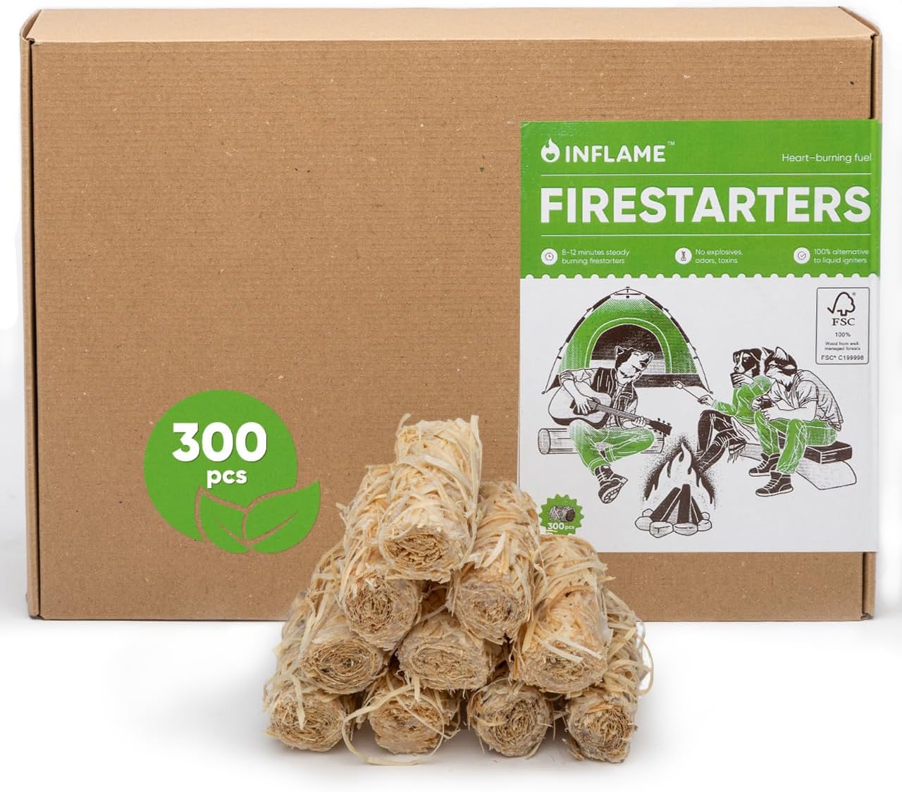 Inflame Fire Starters 300 pcs Fire Starters for Campfires, Grill, BBQ, Fireplace, Woodstove - Charcoal Starter - Waterproof, Weather-Resistant - Natural Wood Fireplace Starters