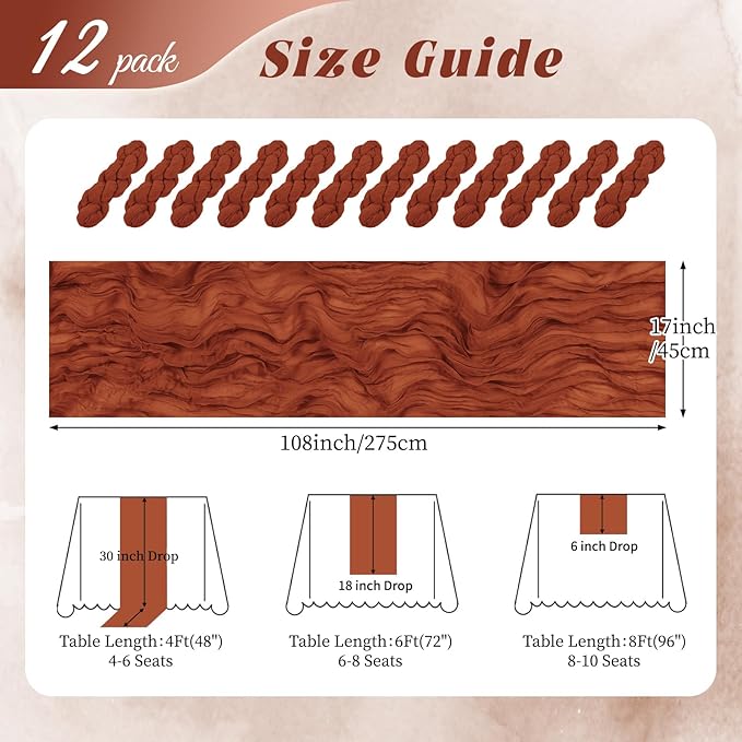 12 Pack Terracotta Cheesecloth Table Runner 17x108 Inch Semi Sheer Boho Gauze Cheese Cloth Fabric Table Runners, for Wedding Party Baby Shower Birthday Home Decor Garden Farmhouse